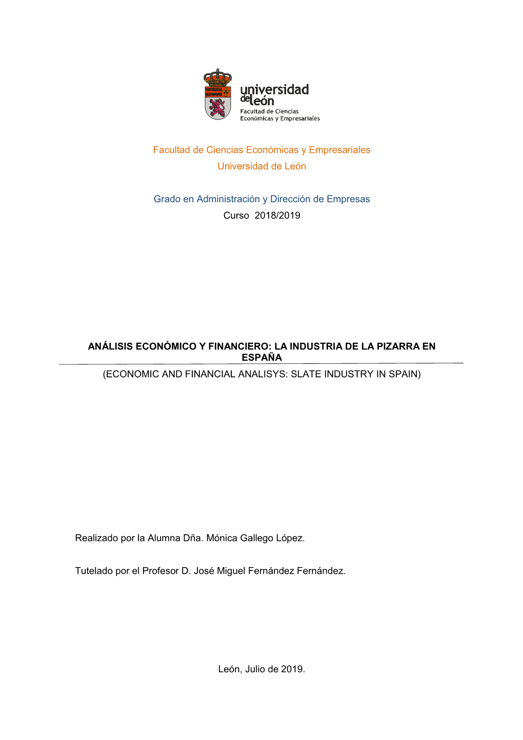 Facultad De Ciencias Económicas Y Empresariales Universidad De León Grado En Administración Y Dirección De Empresas Curso 2