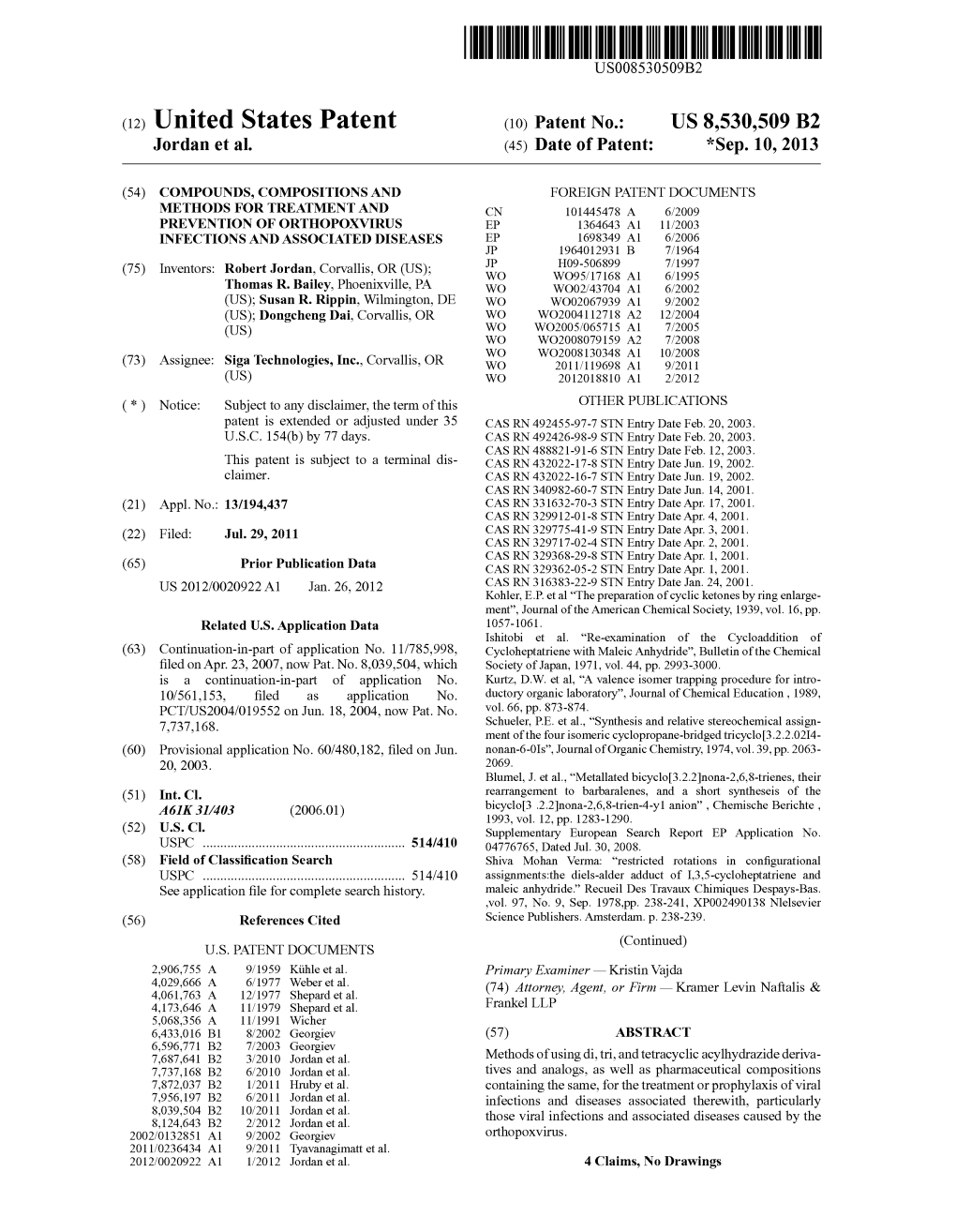 (12) United States Patent (10) Patent No.: US 8,530,509 B2 Jordan Et Al