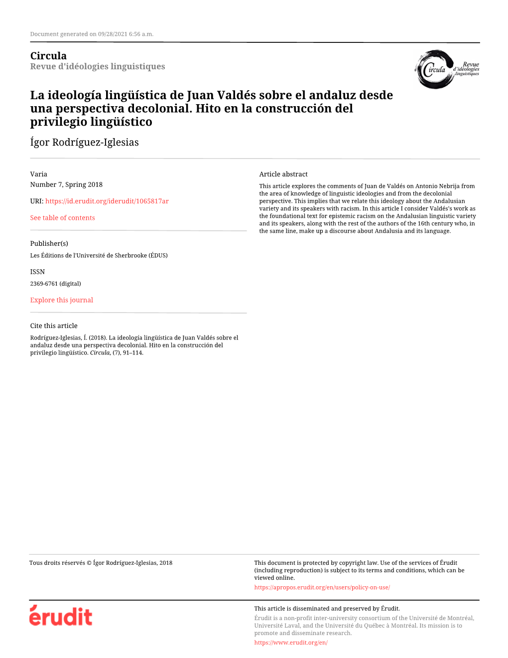 La Ideología Lingüística De Juan Valdés Sobre El Andaluz Desde Una Perspectiva Decolonial. Hito En La Construcción Del Privilegio Lingüístico Ígor Rodríguez-Iglesias