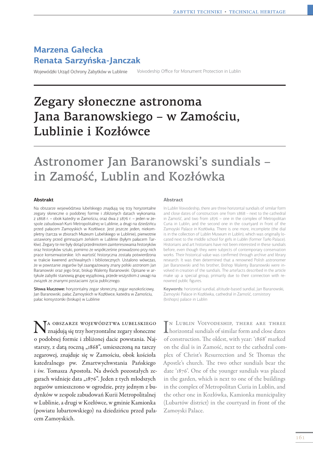 Zegary Słoneczne Astronoma Jana Baranowskiego – W Zamościu, Lublinie I Kozłówce Astronomer Jan Baranowski's Sundials I