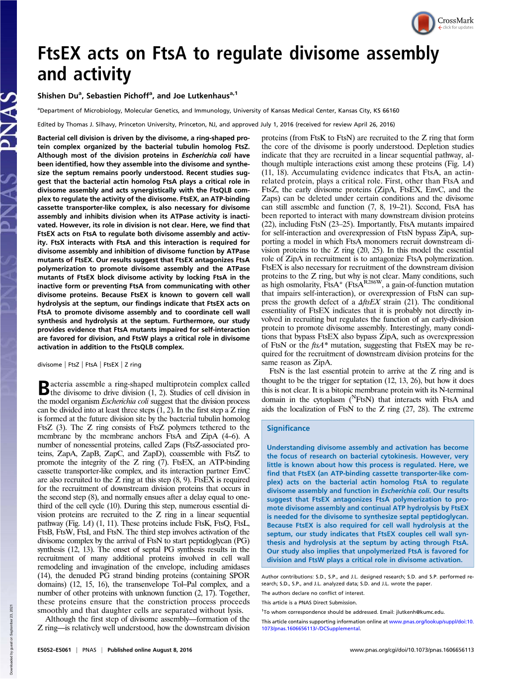 Ftsex Acts on Ftsa to Regulate Divisome Assembly and Activity