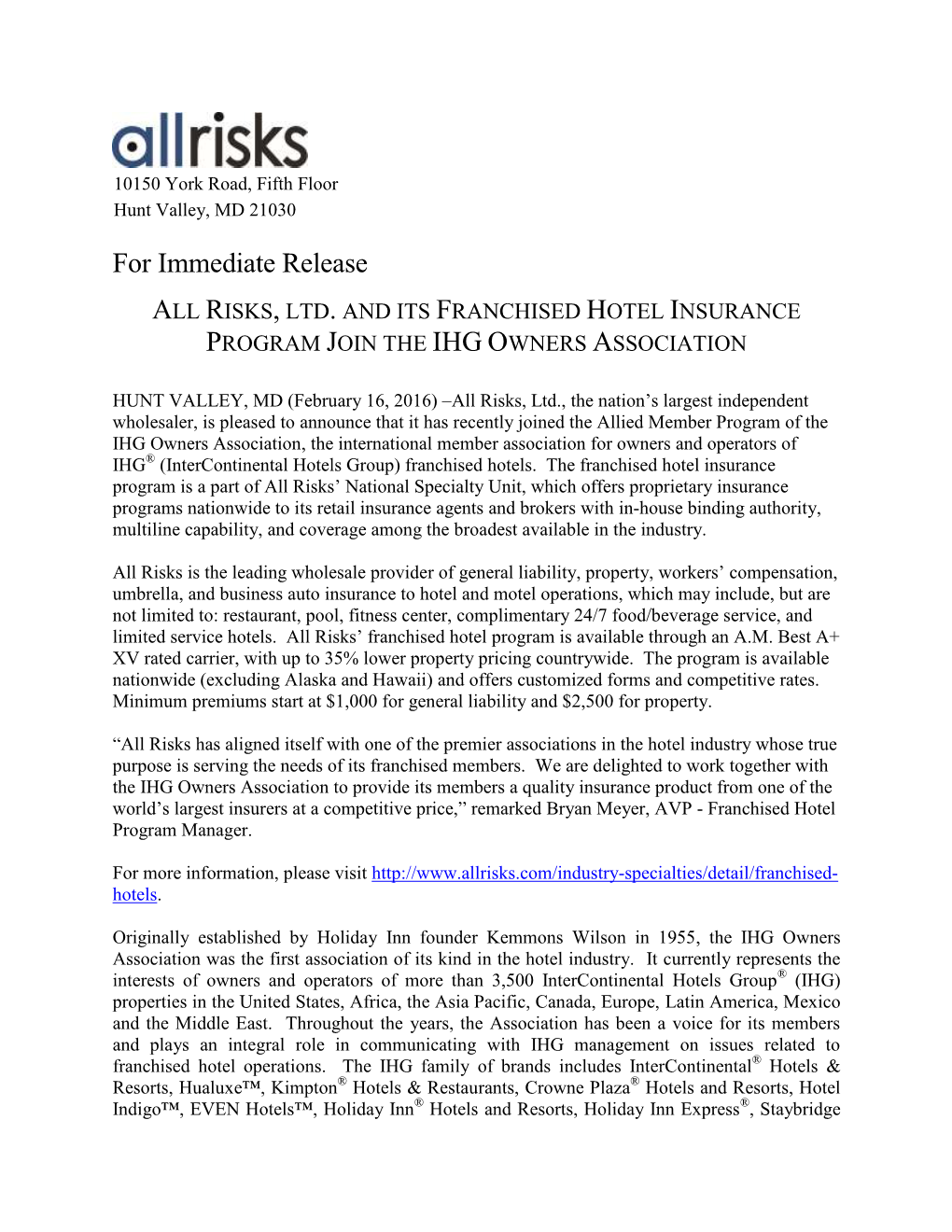 All Risks, Ltd. and Its Franchised Hotel Insurance Program Join the Ihg Owners Association