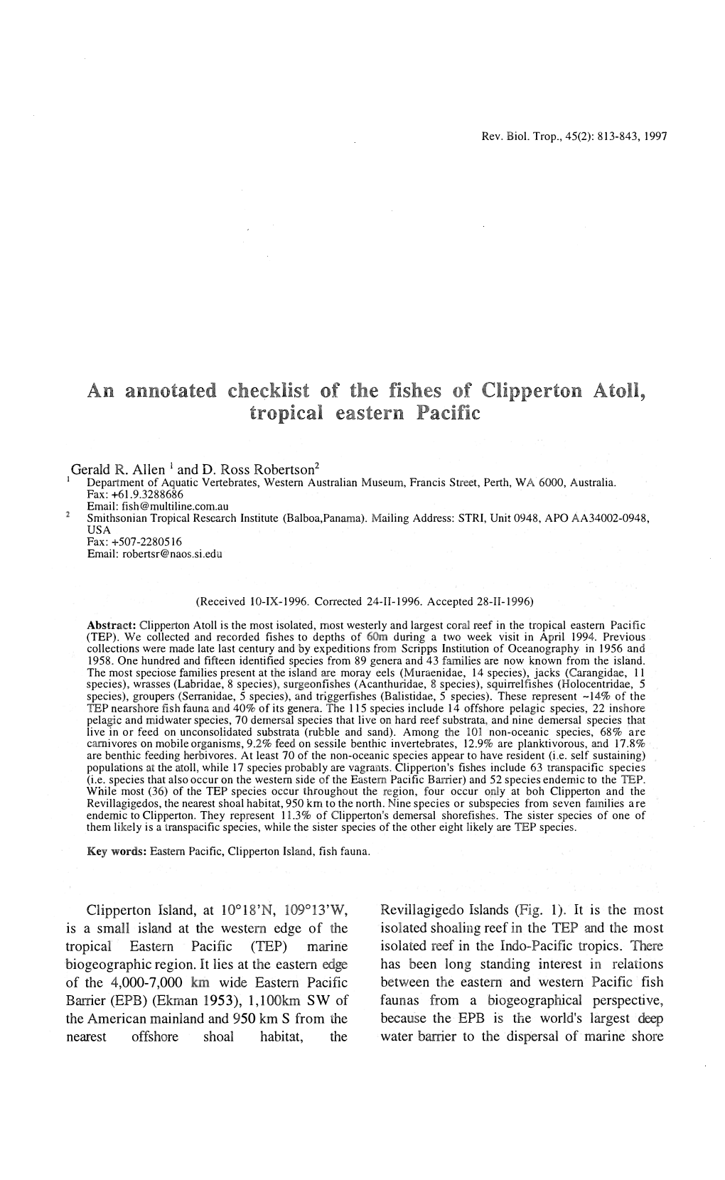 An Annotated Che Klist of the Fishes of Clipperton Atoll, Tropical Eastern