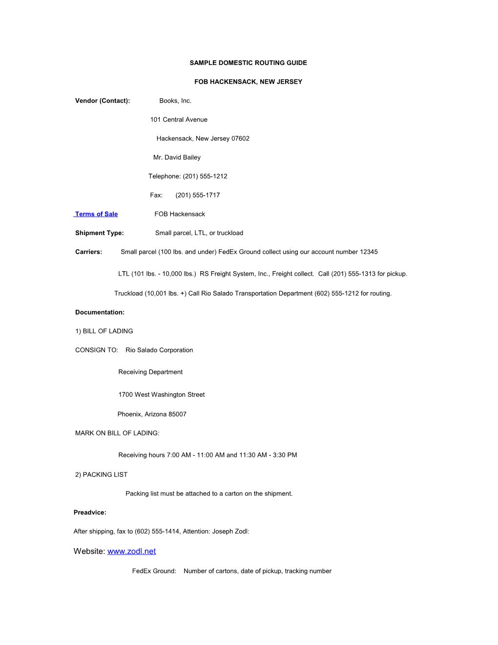 Sample Domestic Routing Guide