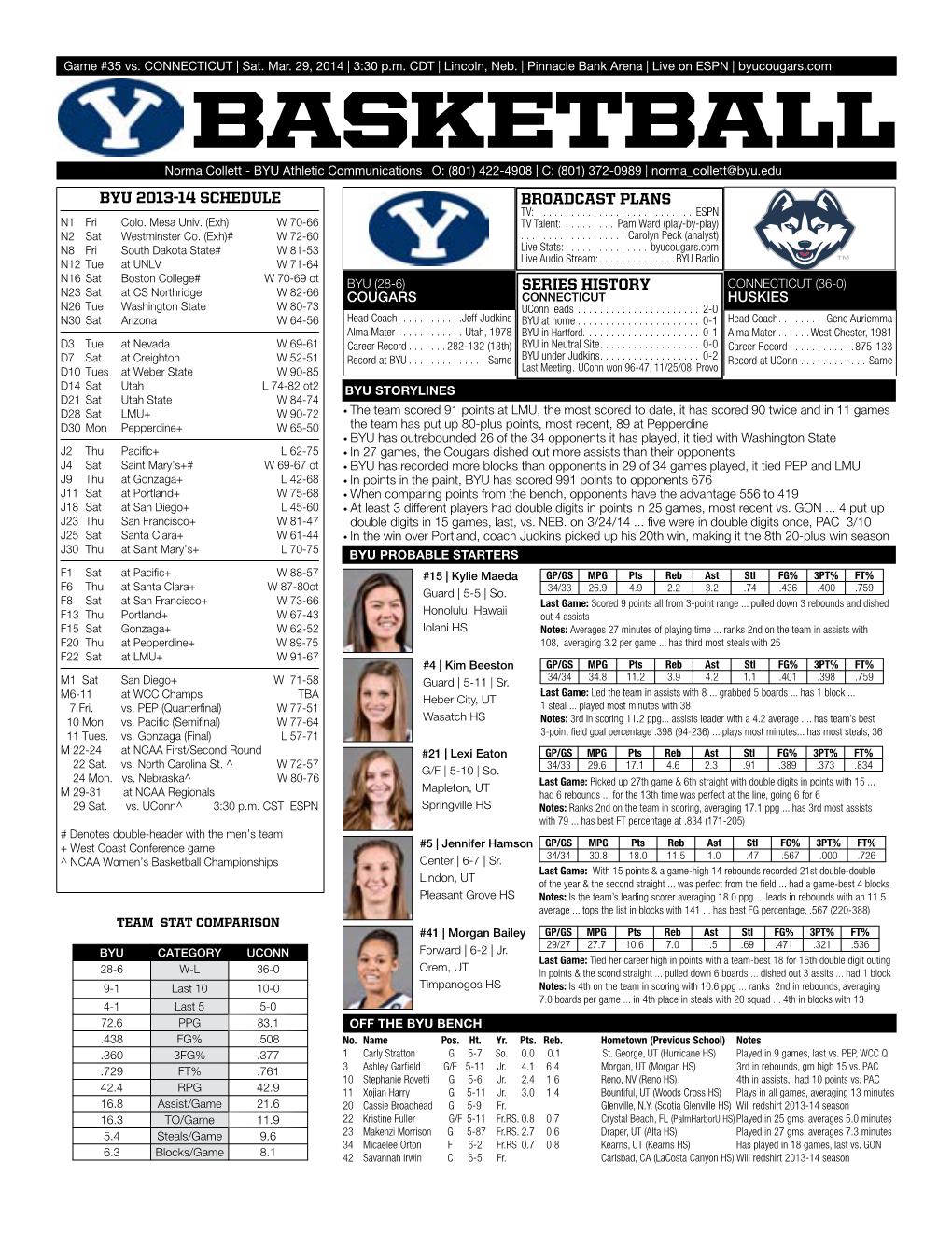 Basketball Norma Collett - BYU Athletic Communications | O: (801) 422-4908 | C: (801) 372-0989 | Norma Collett@Byu.Edu BYU 2013-14 SCHEDULE BROADCAST PLANS TV