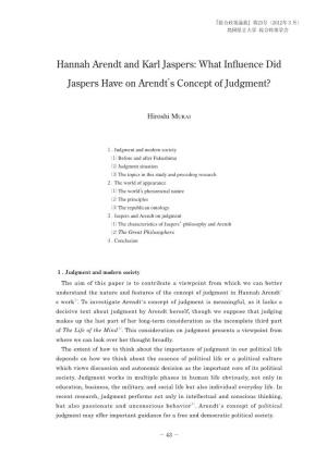 Hannah Arendt and Karl Jaspers: What Inﬂ Uence Did Jaspers Have on Arendt’S Concept of Judgment?