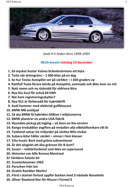 Saab 9-5 Sedan Aero 1999–2001 NEVS-Brevet Måndag 10 December