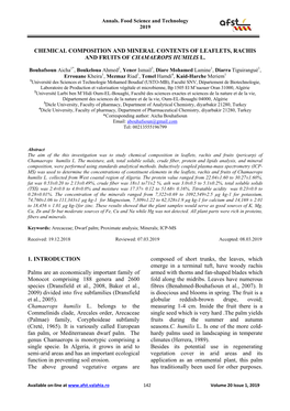 Chemical Composition and Mineral Contents of Leaflets, Rachis and Fruits of Chamaerops Humilis L