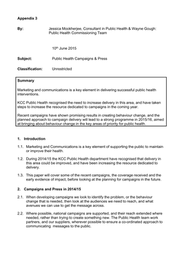 Appendix 3 By: Jessica Mookherjee, Consultant in Public Health & Wayne Gough: Public Health Commissioning Team 10Th June