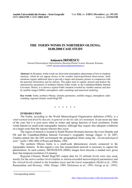 The Foehn Winds in Northern Oltenia. 18.08.2008 Case Study