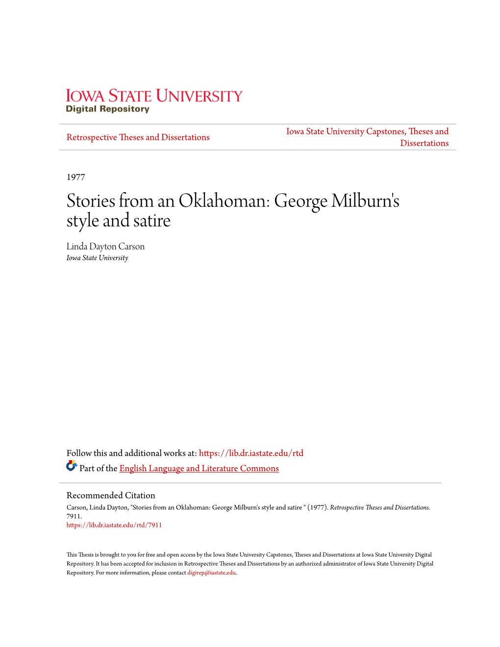 Stories from an Oklahoman: George Milburn's Style and Satire Linda Dayton Carson Iowa State University