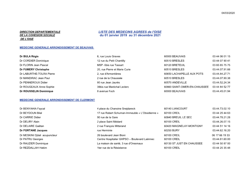 LISTE DES MEDECINS AGREES De L'oise DE LA COHESION SOCIALE Du 01 Janvier 2019 Au 31 Décembre 2021 DE L'oise