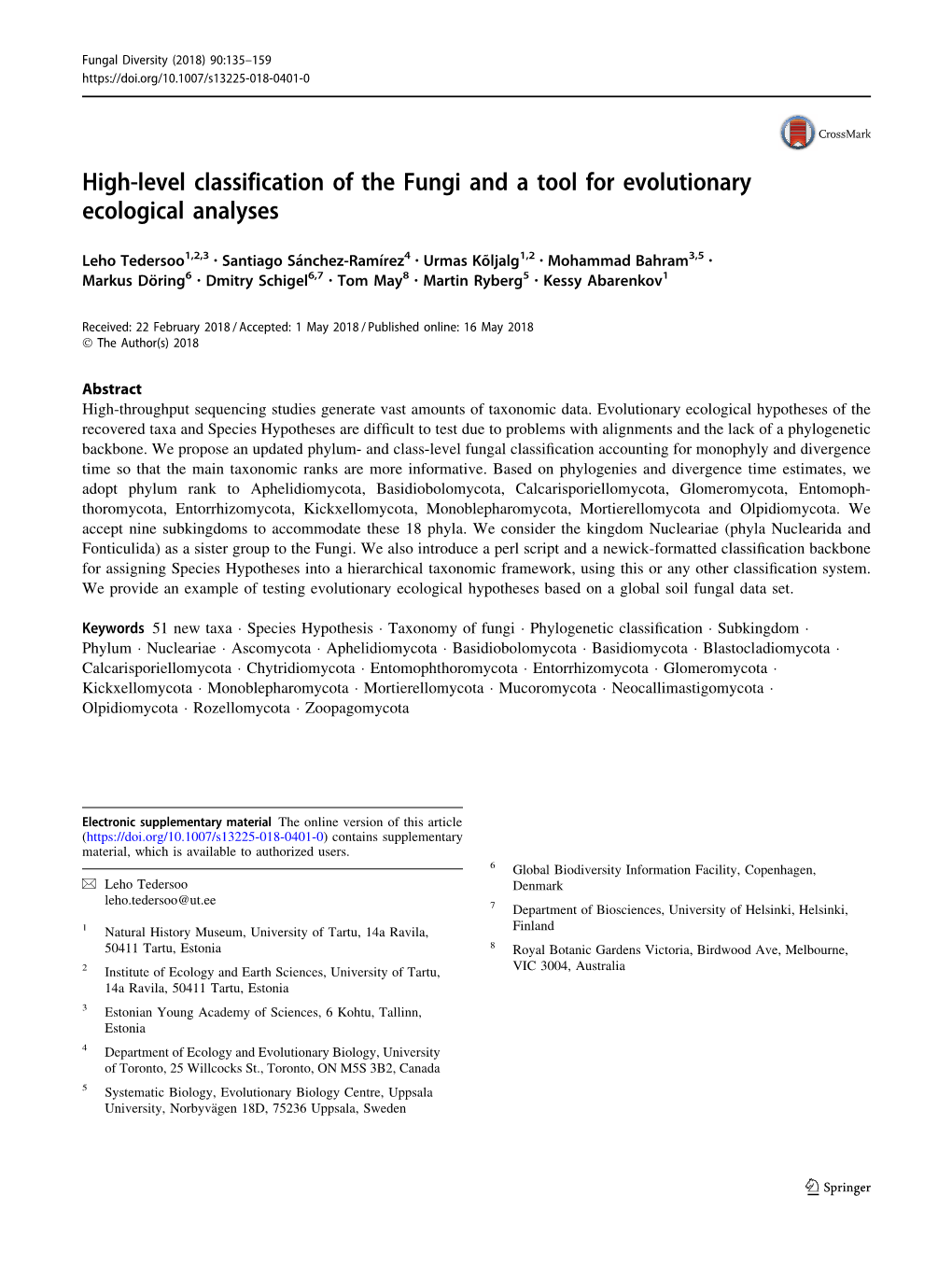 High-Level Classification of the Fungi and a Tool for Evolutionary Ecological Analyses