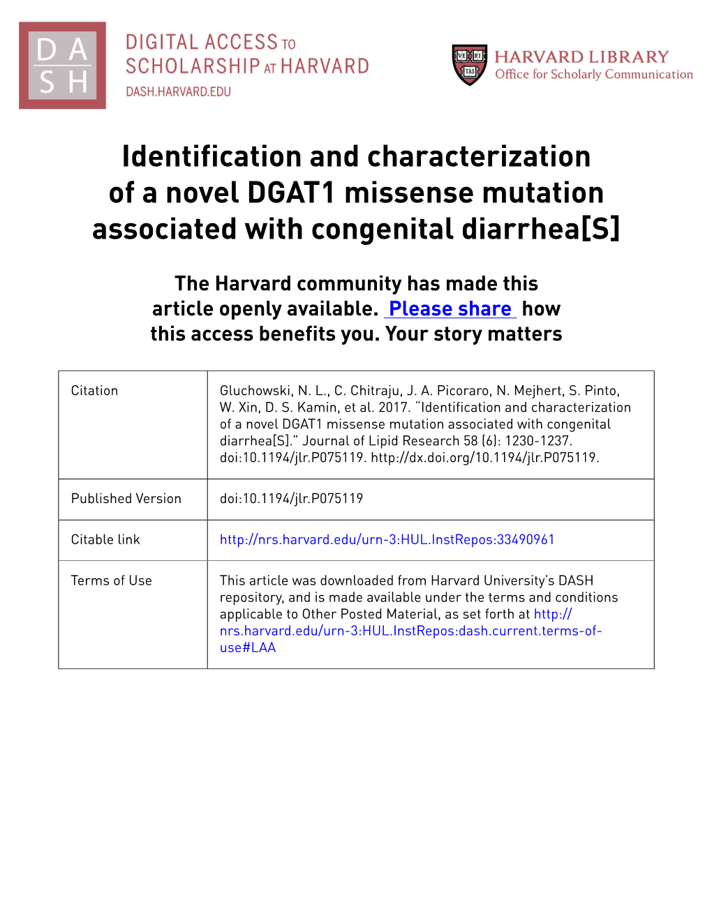 DGAT1 Missense Mutation Associated with Congenital Diarrhea[S]