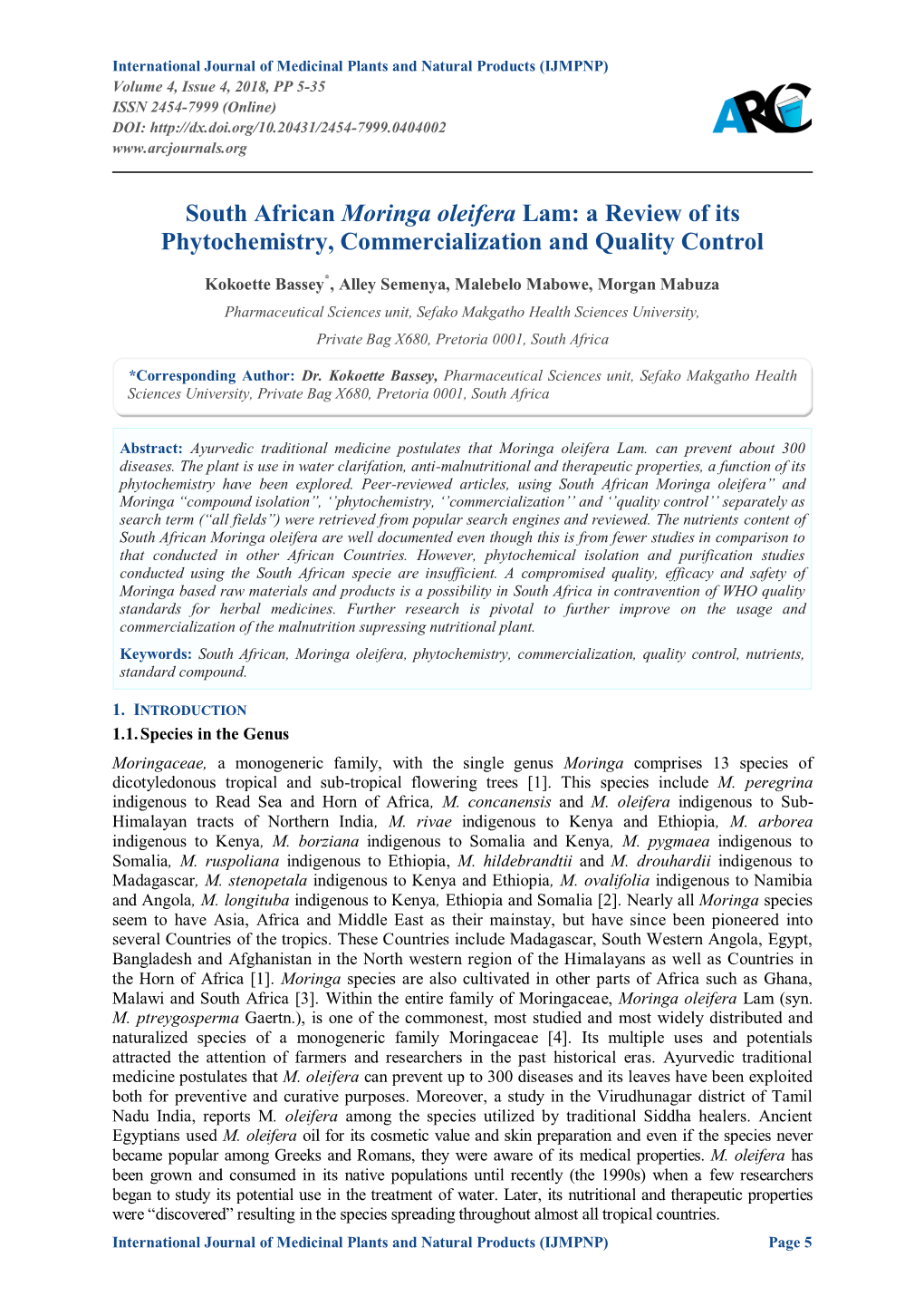 South African Moringa Oleifera Lam: a Review of Its Phytochemistry, Commercialization and Quality Control