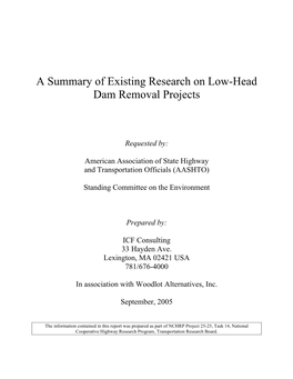 A Summary of Existing Research on Low-Head Dam Removal Projects