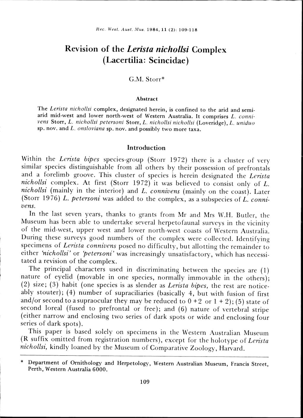 Revision of the Lerista Nichollsi Complex (Lacertilia: Scincidae)