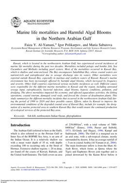 Marine Life Mortalities and Harmful Algal Blooms in the Northern Arabian Gulf Ã Faiza Y