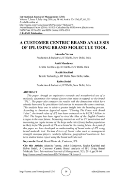 A Customer Centric Brand Analysis of Ipl Using Brand Molecule Tool