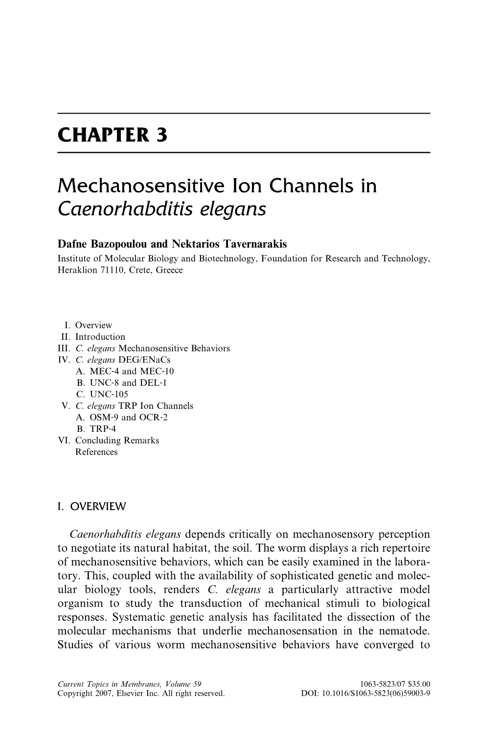 CHAPTER 3 Mechanosensitive Ion Channels in Caenorhabditis Elegans