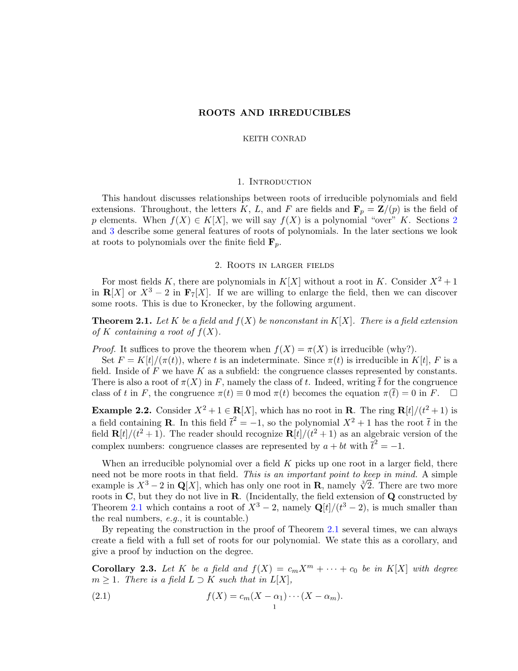 Roots and Irreducible Polynomials