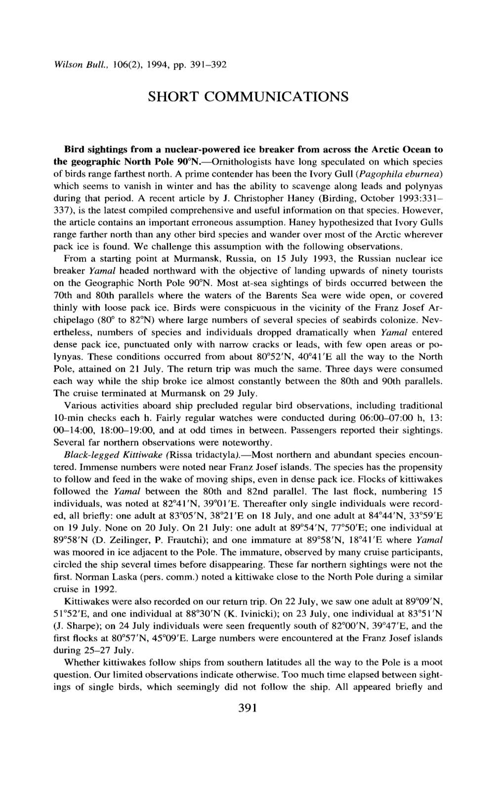 Bird Sightings from a Nuclear-Powered Ice Breaker from Across the Arctic Ocean to the Geographic North Pole 90[Degree]N