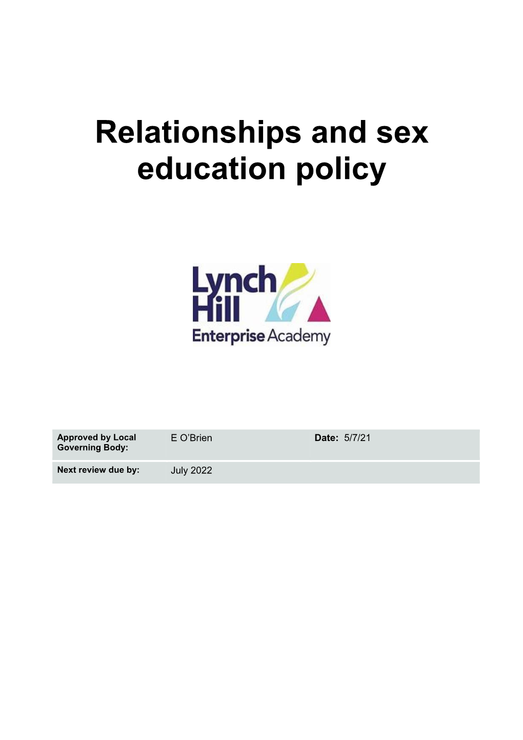 Relationships and Sex Education Policy