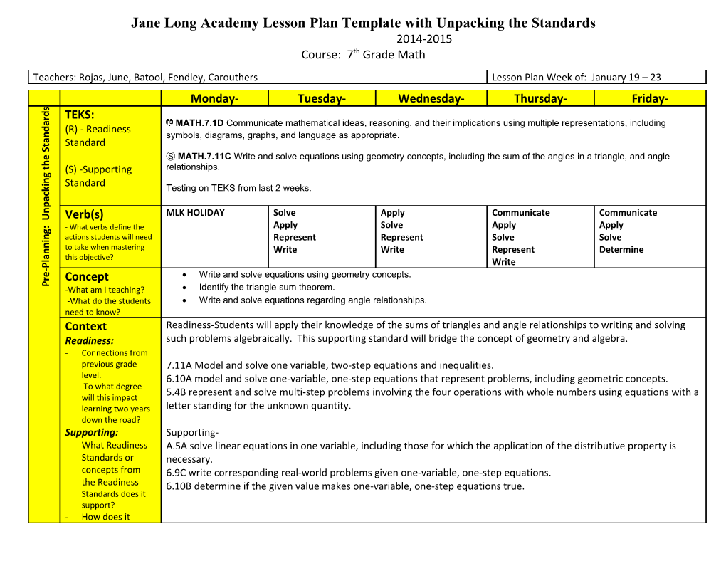 Jane Long Academy Lesson Plan Template with Unpacking the Standards s1