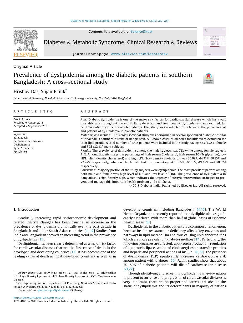 Prevalence of Dyslipidemia Among the Diabetic Patients in Southern Bangladesh: a Cross-Sectional Study