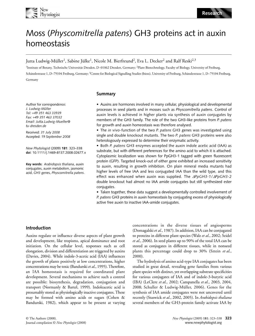 Moss (Physcomitrella Patens) GH3 Proteins Act in Auxin Homeostasis