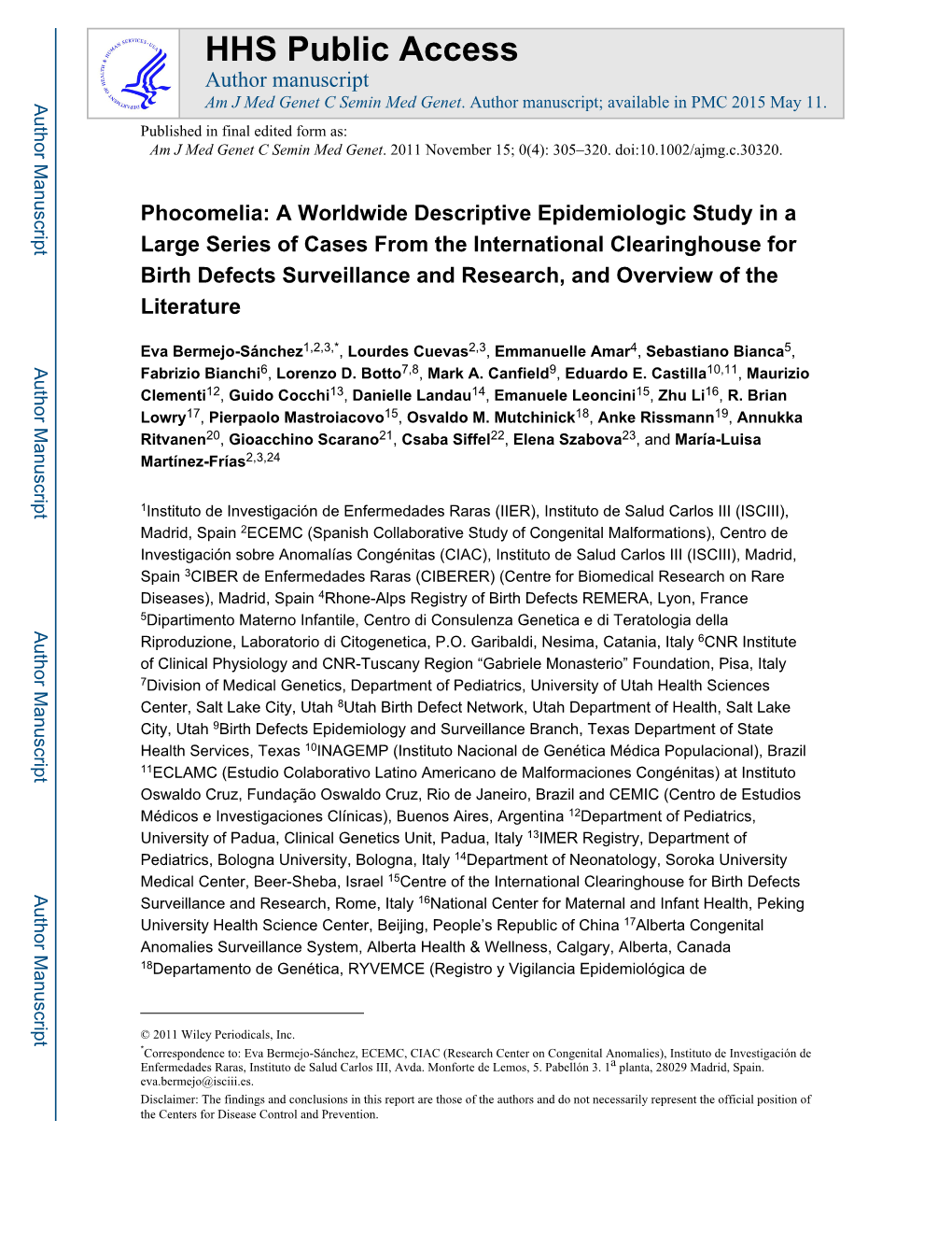 Phocomelia: a Worldwide Descriptive Epidemiologic Study in a Large