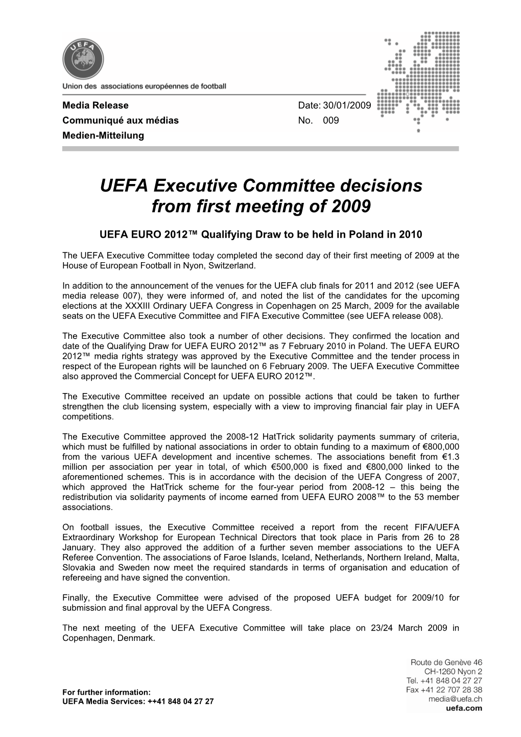 009: UEFA Executive Committee Decisions from First Meeting of 2009