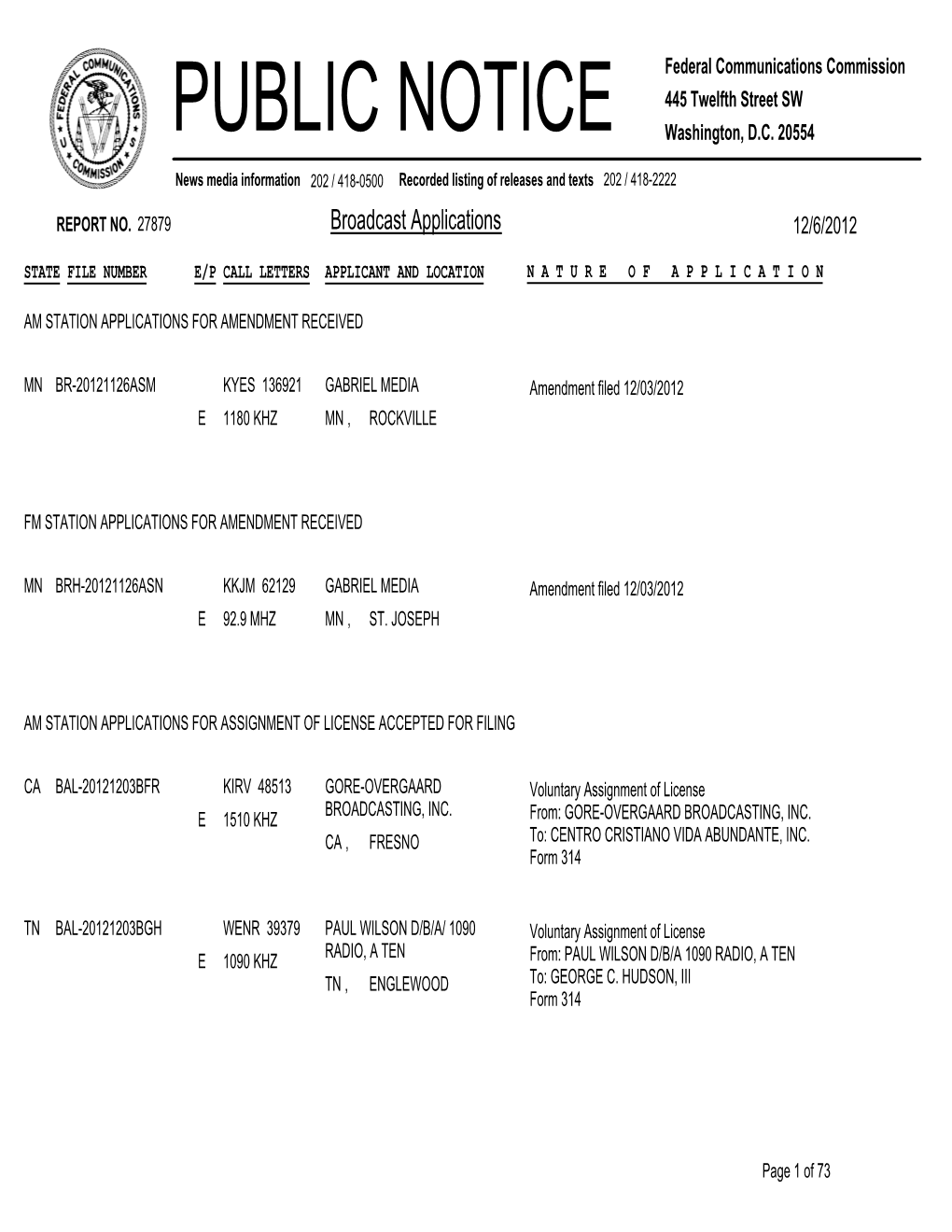 Broadcast Applications 12/6/2012