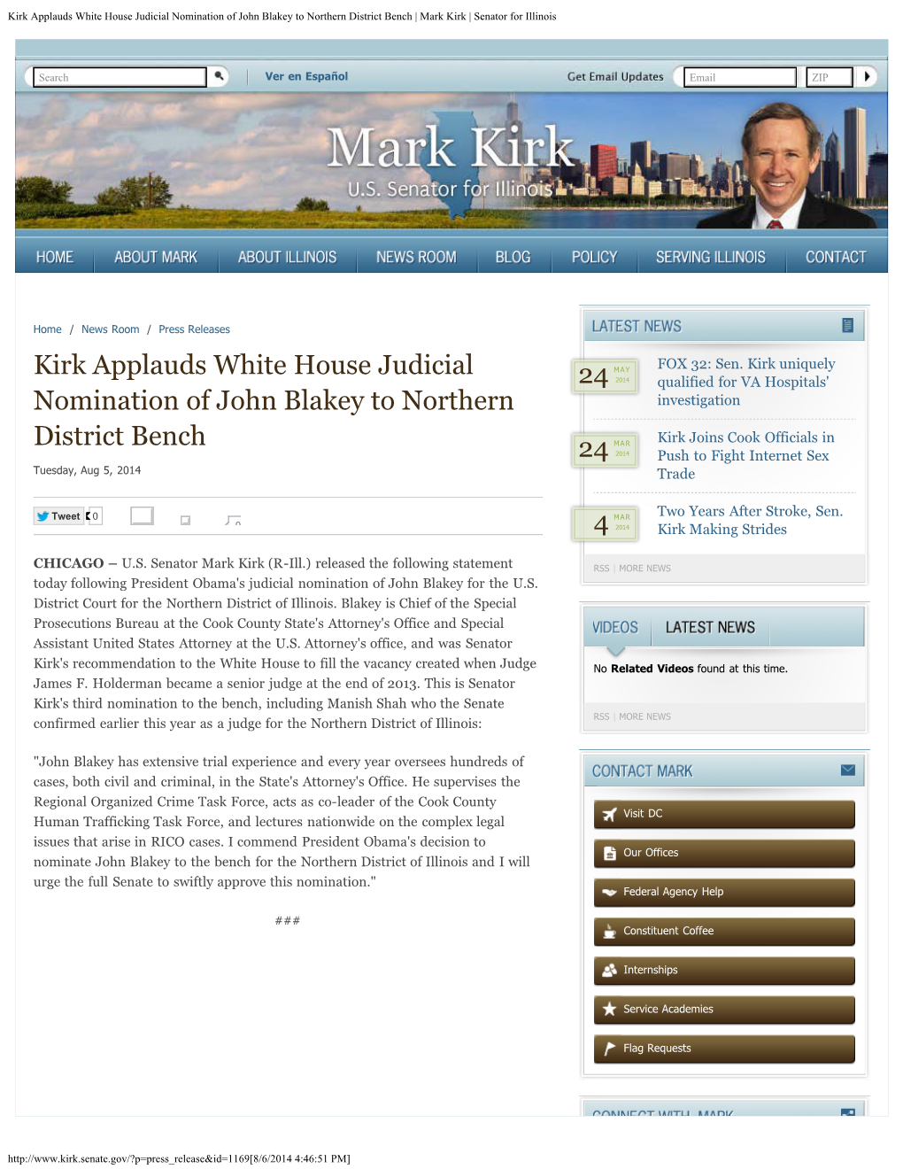 Kirk Applauds White House Judicial Nomination of John Blakey to Northern District Bench | Mark Kirk | Senator for Illinois