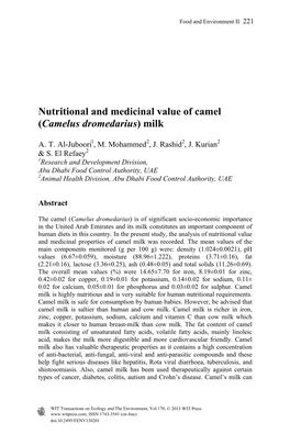 Nutritional and Medicinal Value of Camel (Camelus Dromedarius) Milk
