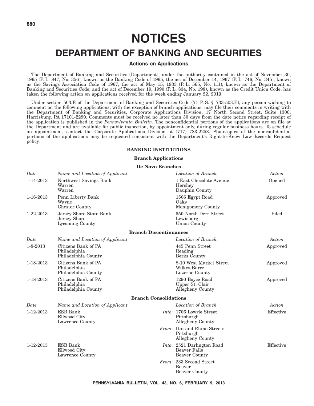 NOTICES DEPARTMENT of BANKING and SECURITIES Actions on Applications