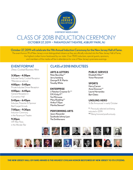 Class of 2018 Induction Ceremony October 27, 2019 • Paramount Theatre, Asbury Park, Nj