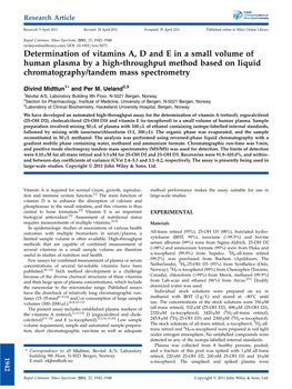 Determination of Vitamins A, D and E in a Small Volume of Human Plasma by a High‐Throughput Method Based on Liquid Chromatography/Tandem Mass Spectrometry