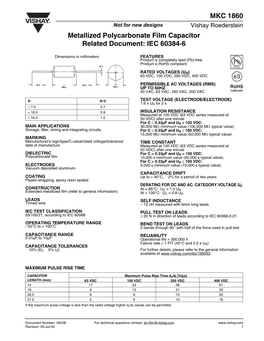 MKC 1860 Metallized Polycarbonate Film Capacitor Related Document: IEC 60384-6