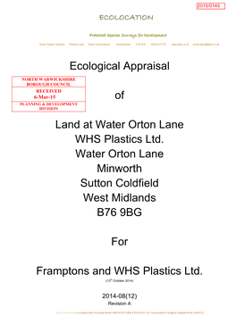 Ecological Appraisal of Land at Water Orton Lane WHS Plastics Ltd. Water