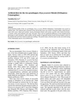 Artificial Diets for the Rice Grasshopper, Oxya Yezoensis