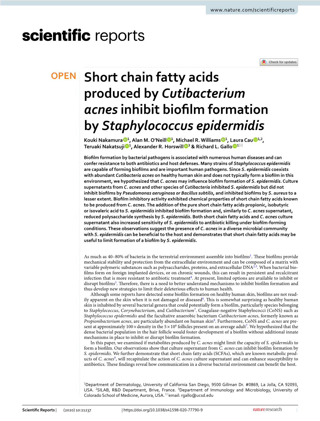 Short Chain Fatty Acids Produced by Cutibacterium Acnes Inhibit Biofilm