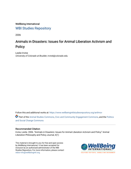 Animals in Disasters: Issues for Animal Liberation Activism and Policy