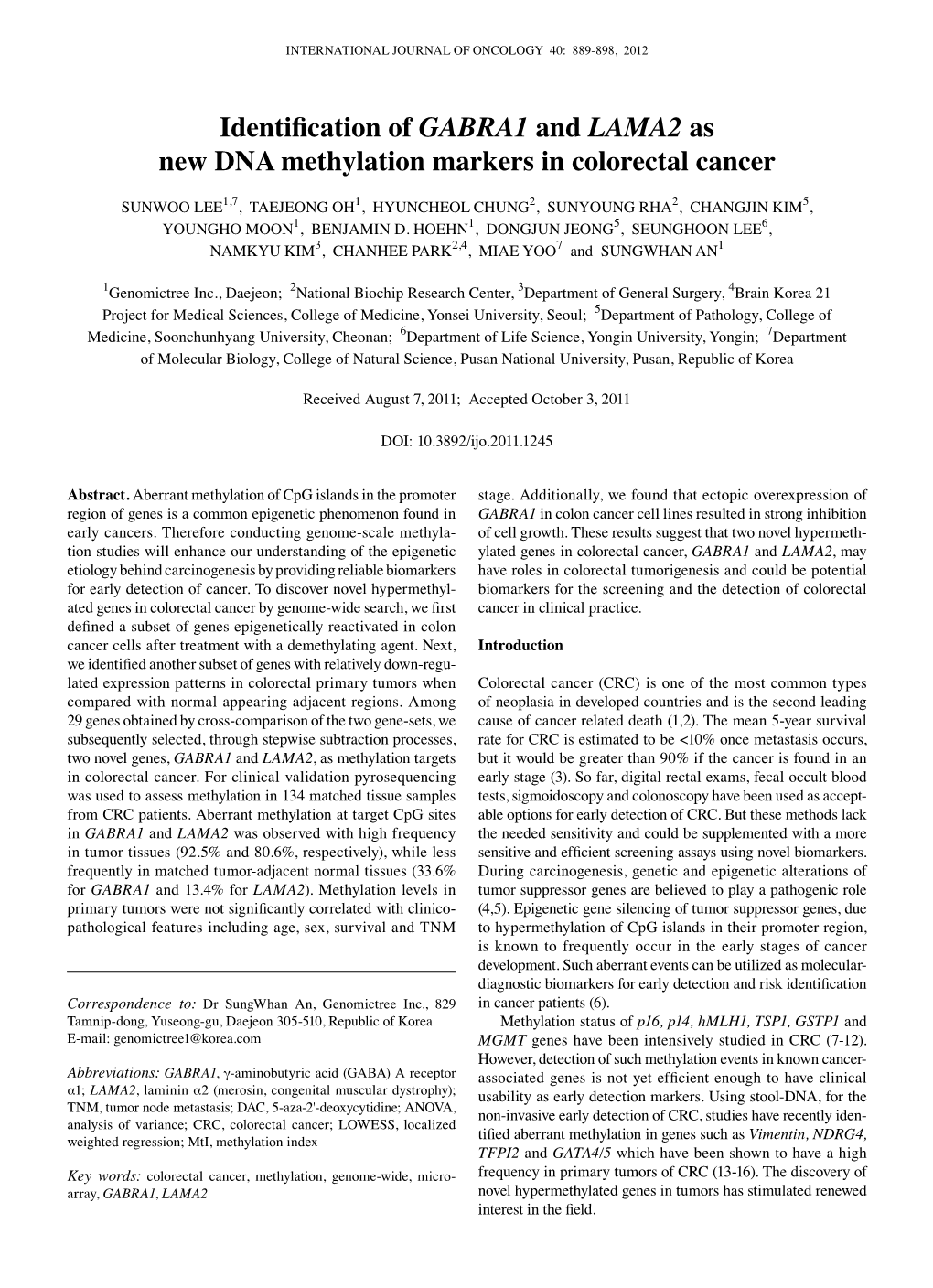 Identification of GABRA1 and LAMA2 As New DNA Methylation Markers in Colorectal Cancer