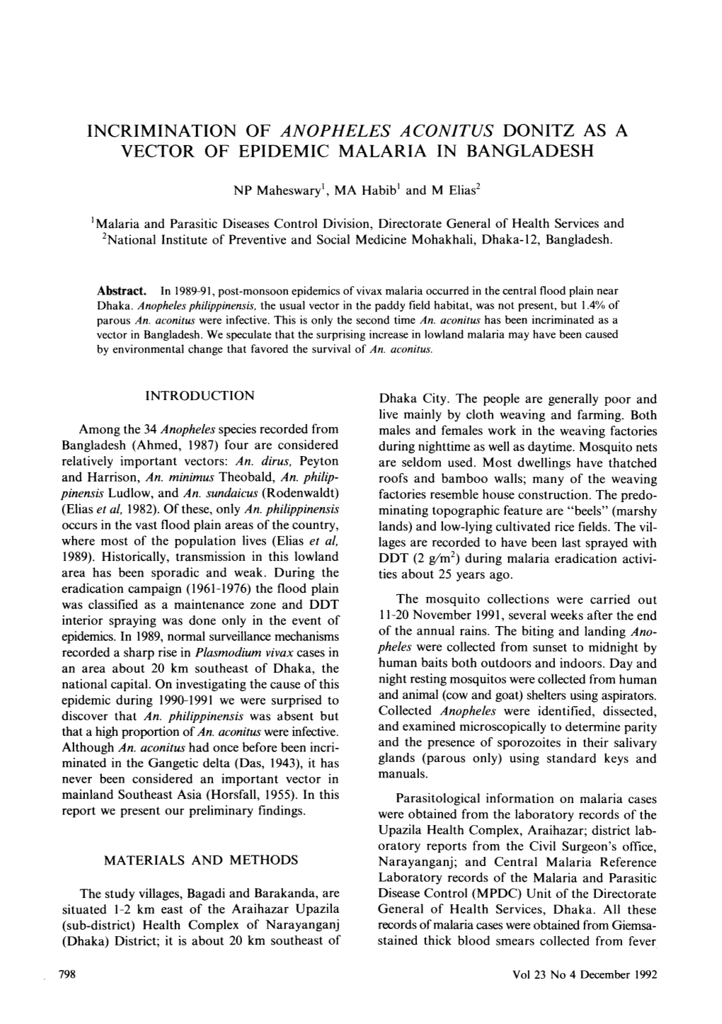 Incrimination of Anopheles Aconitus Donitz As a Vector of Epidemic Malaria in Bangladesh