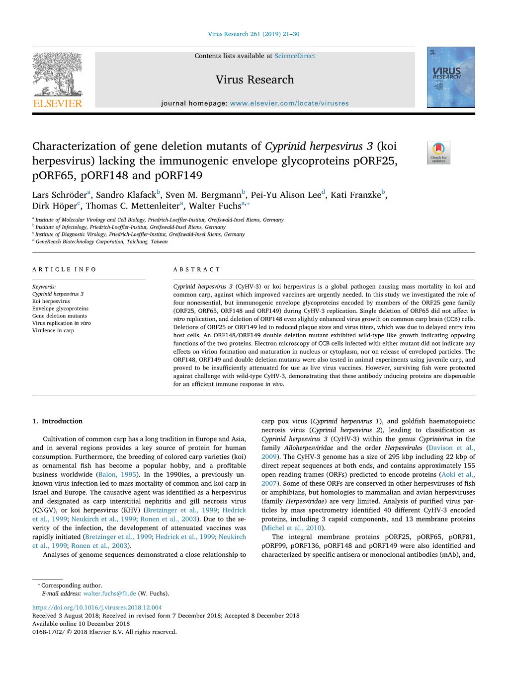 Characterization of Gene Deletion Mutants of Cyprinid Herpesvirus 3