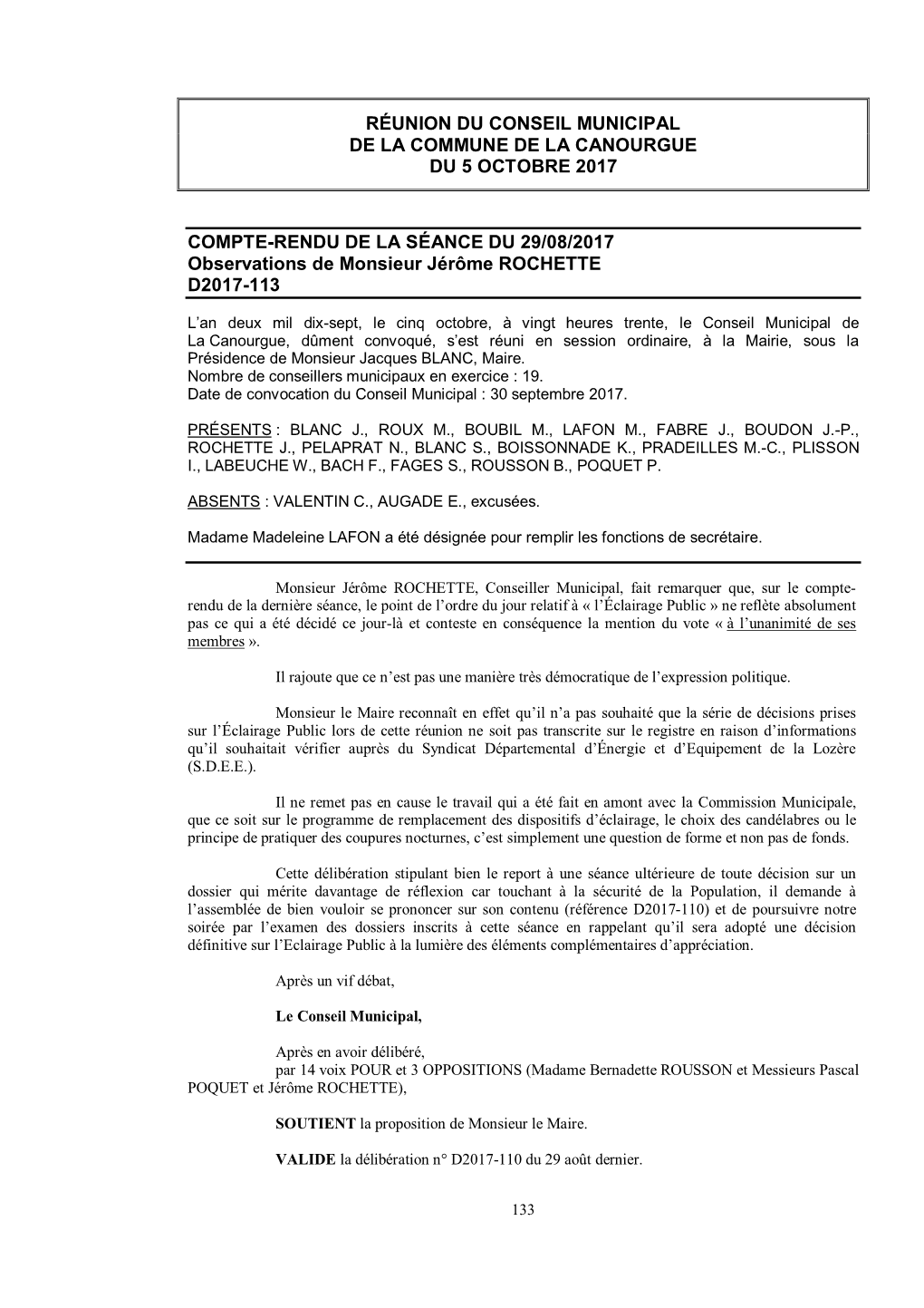 Réunion Du Conseil Municipal De La Commune De La Canourgue Du 5 Octobre 2017