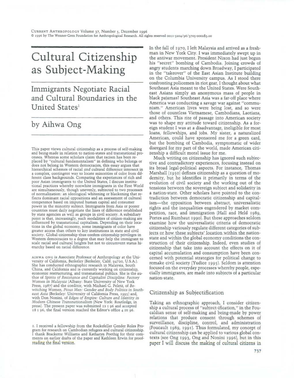 Cultural Citizenship As Subject-Making I 743 Celebrated for Their 