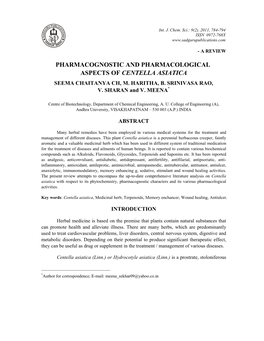 Pharmacognostic and Pharmacological Aspects of Centella Asiatica Seema Chaitanya Ch, M