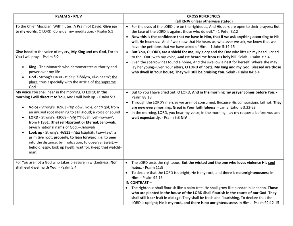 PSALM 5 - KNJV CROSS REFERENCES (All KNJV Unless Otherwise Stated) to the Chief Musician